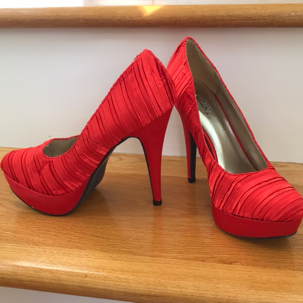 Red satin platform high heels